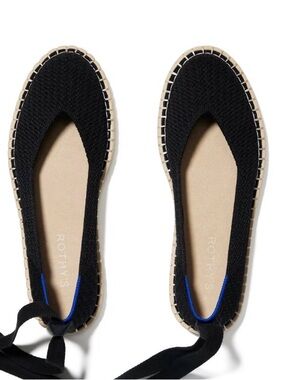 Rothy's Black Knit Espadrille Flats with Tan Rope Sole and Ankle Tie
